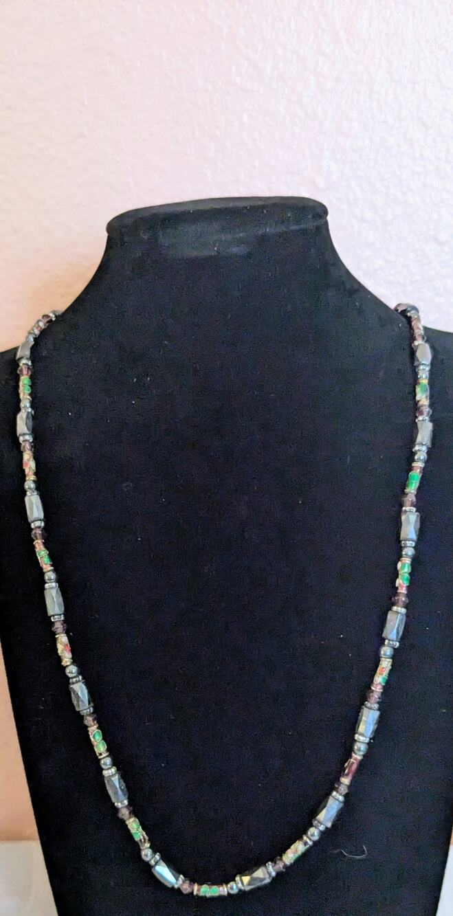 Vintage 36” Cloisonne Enamel & Faceted Hematite Bead Long Opera Necklace Boho